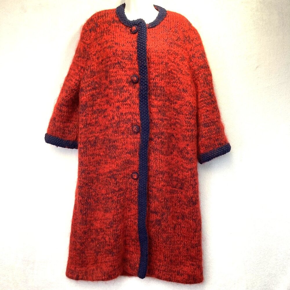 Handmade Fuzzy Longline Cardigan Sweater Womens‎ L/XL PETITE Red Knit Coat Scarf